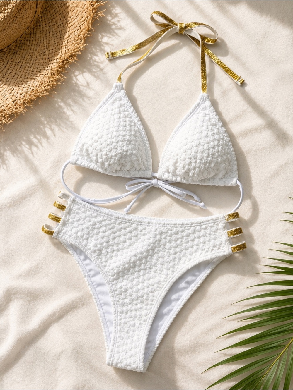 NWT Cupshe White Textured Bikini Set Small Gold Strap Detail Bridal Honeymoon
